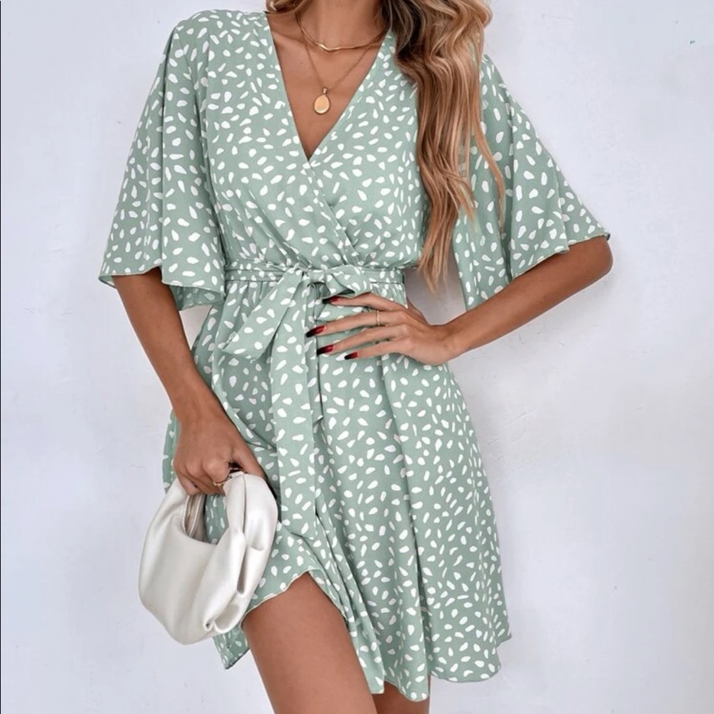 Allover Print Flounce Sleeve Belted Dress - Shein Size XL 12